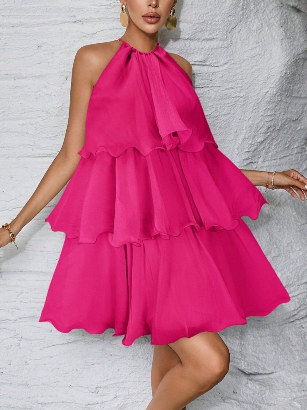Hot Pink Casual Women's ruffled tiered haltered mini Dress